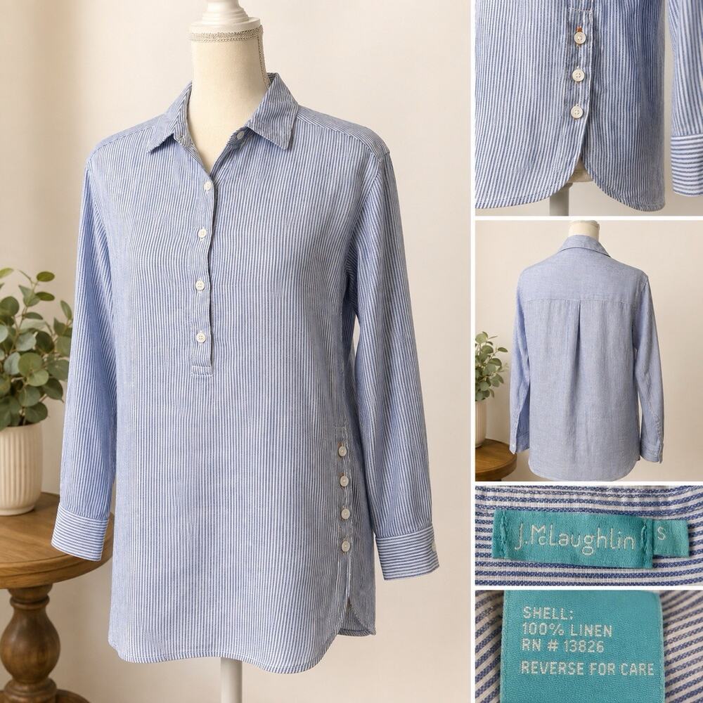 J.McLaughlin Women’s S Blue White Pinstripe 100% Linen Button Tunic Shirt